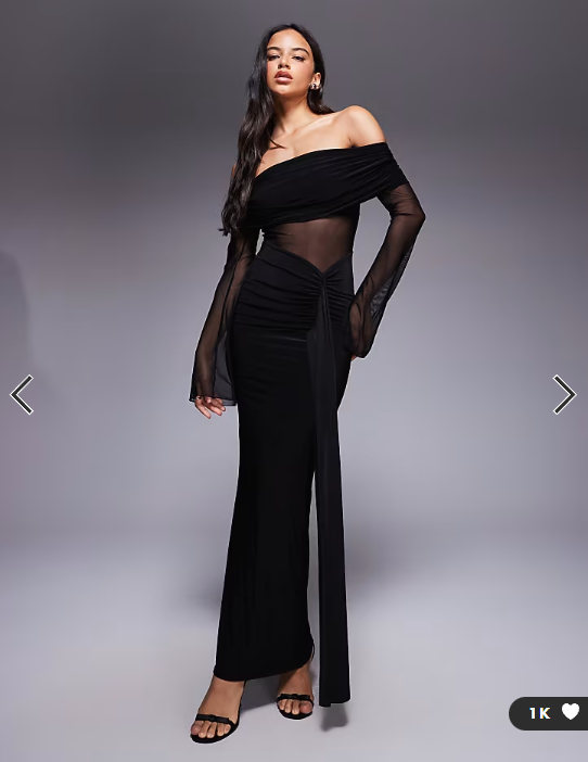 Kaiia exclusive double layered slinky foldover bardot sheer panel ruched skirt maxi dress in black