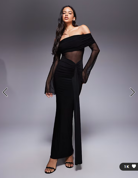 Kaiia exclusive double layered slinky foldover bardot sheer panel ruched skirt maxi dress in black