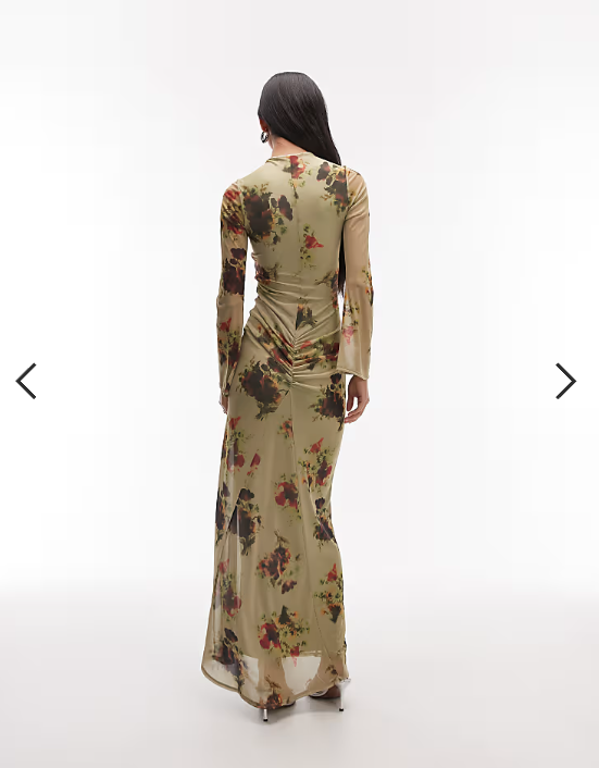 ASOS DESIGN printed mesh long sleeve maxi dress with twist detail in green floral print