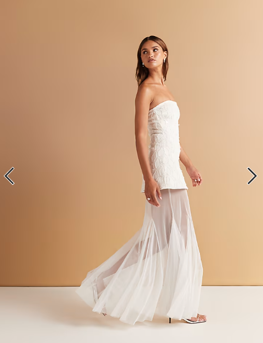 ASOS DESIGN cutwork embellished structured maxi dress with sheer full skirt in white