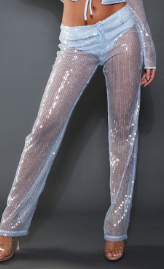 Pale blue sequin flared tailored trousers