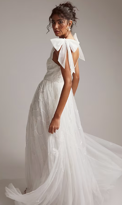 ASOS DESIGN Mila floral embellished mesh wedding dress with tie straps in
