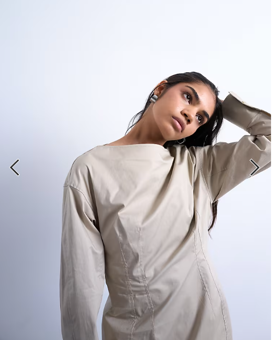 Topshop waisted ovoid sleeve slash neck mini dress in taupe