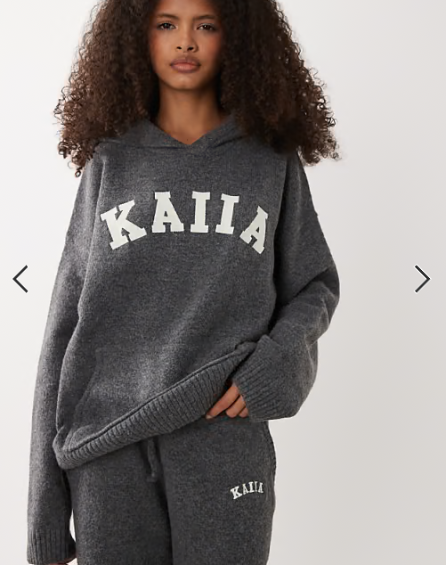 Kaiia knitted embroidered logo hoodie co-ord in charcoal