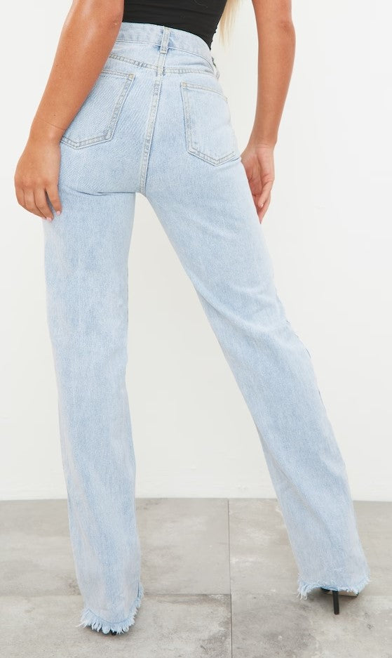 Light Blue Wash Ripped High Waist Straight Leg Jeans