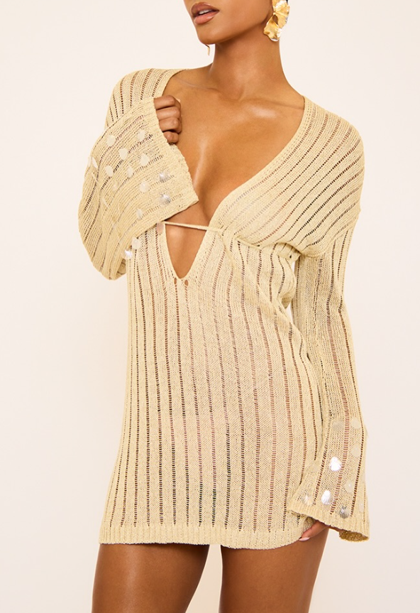 Ego - shell sequin detail crochet glitter knit mini dress