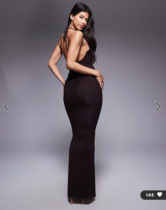 Wanderdoll sculpting second skin halterneck plunge ruched front split sleeveless maxi dress in chocolate