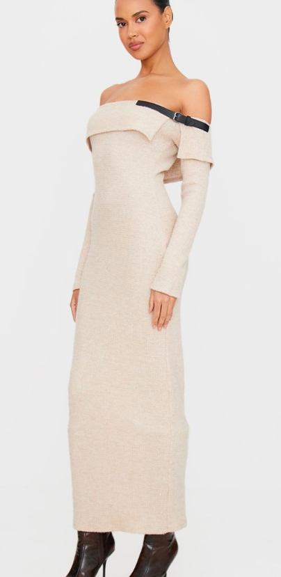 Stone Textured Bardot Belt Detail Maxi Dress
