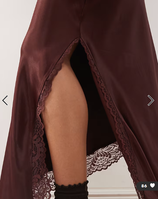 Reclaimed Vintage midi skirt with asymmetric hem with lace in chocolate brown