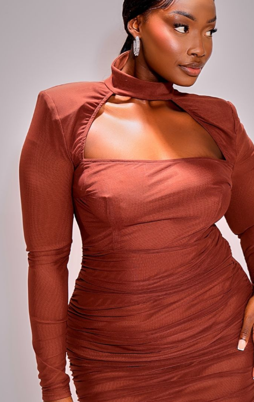 Plt - Plus Chocolate Mesh Cut Out Detail Shoulder Pad Bodycon Dress
