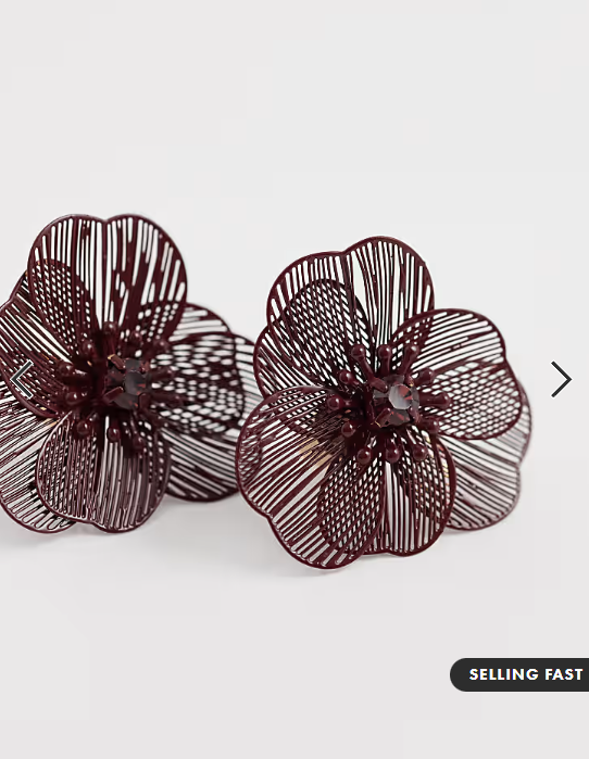 ASOS DESIGN small stud earrings with mini wire-floral design in Burgundy