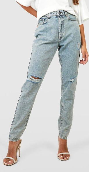 Boohoo - Basics High Waisted Ripped Mom Jeans - washed blue