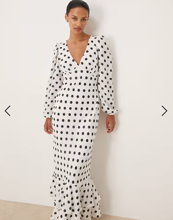 Lace & Beads long sleeve ruffle hem maxi dress in white polka dot
