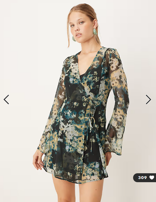 ASOS DESIGN wrap mini dress with ties in blurred blue floral