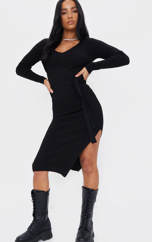 Black V Neck Belted Long Sleeve Split Midi Dress