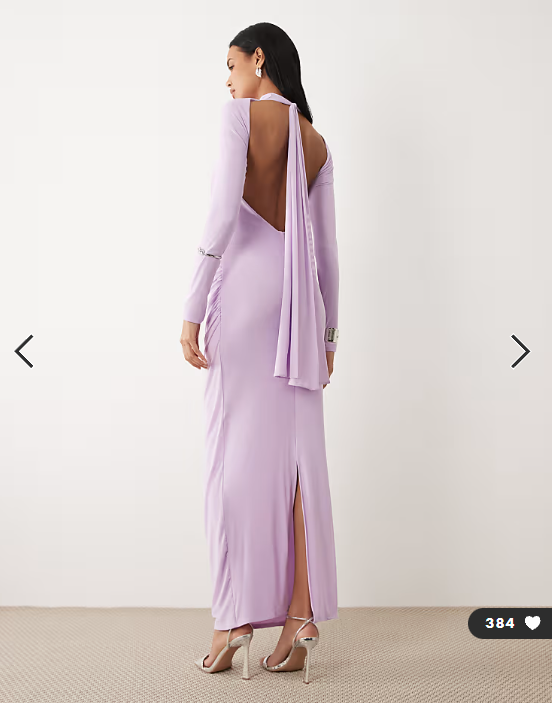 ASOS DESIGN mesh long sleeve twist bust detail halter maxi dress in lilac
