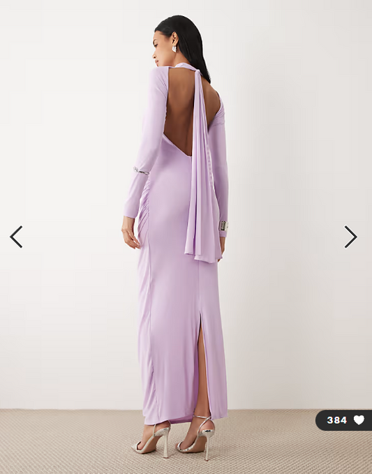 ASOS DESIGN mesh long sleeve twist bust detail halter maxi dress in lilac