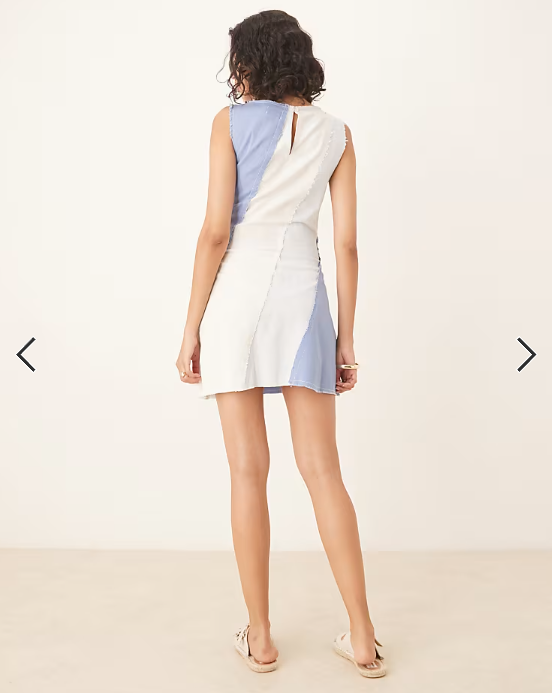 ASOS DESIGN mini aline contrast panel denim-look mini with raw hem in blue