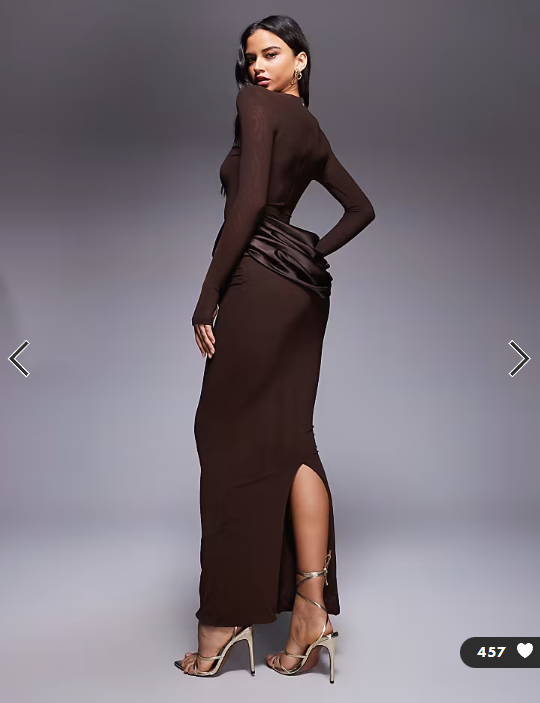 Wanderdoll Eman longsleeve slash neck satin drape waist detail bodycon maxi dress in chocolate