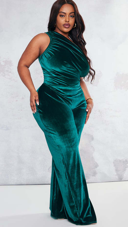 Plus Emerald Green Velvet One Shoulder Wide Leg Jumpsuit