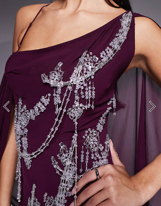 ASOS DESIGN fringe embellished bias cut maxi dress with cape sleeve in plum