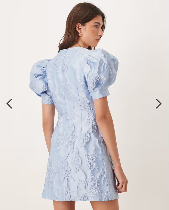 Sister Jane Anemone exclusive jacquard puff sleeve gold flower button up mini dress in cerulean blue