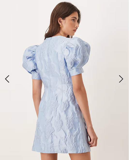 Sister Jane Anemone exclusive jacquard puff sleeve gold flower button up mini dress in cerulean blue
