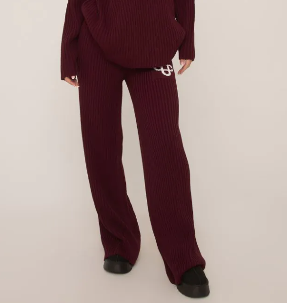 High Waist Swirl Graphic Wide Leg Trousers In Burgundy Rib Knit