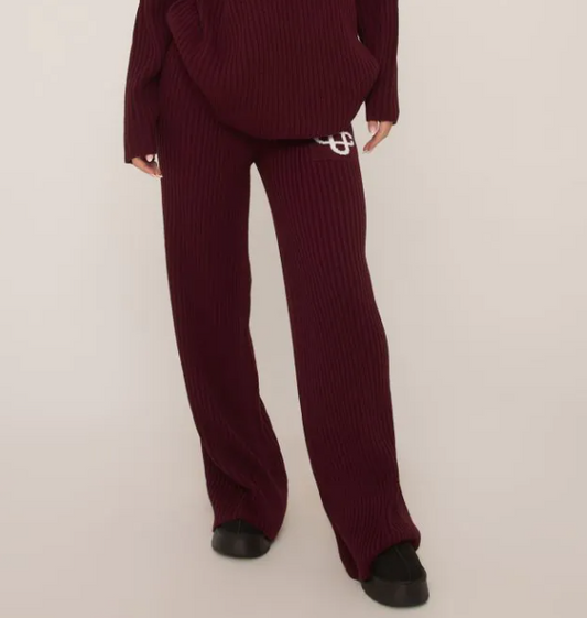 High Waist Swirl Graphic Wide Leg Trousers In Burgundy Rib Knit