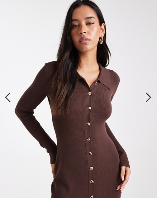 4th & Reckless ribbed knit gold button through collared maxi dress in chocolate