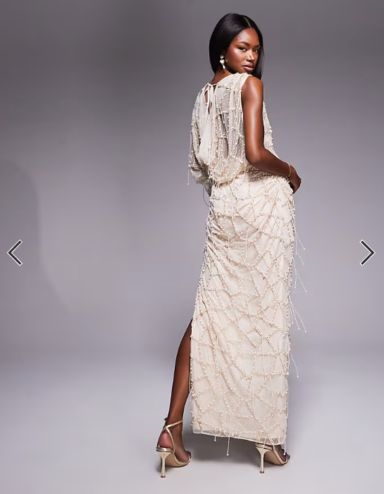 ASOS DESIGN pearl and fringe embellished drape maxi dress in cream