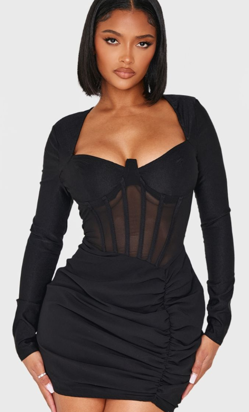 Shape Black Mesh Insert Corseted Ruched Side Mini Dress