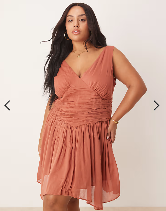ASOS DESIGN Curve v neck mini dress with hanky hem in terracotta