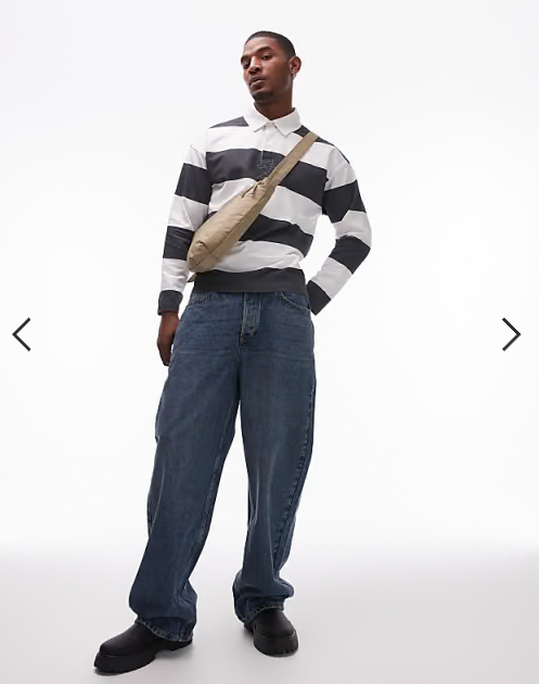 Topman relaxed fit striped polo shirt with woven collar in charcoal