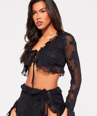 Plt - Black Textured Chiffon Tie Front Frilly Crop Top
