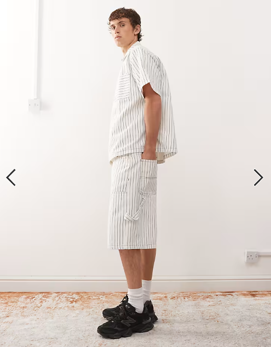 Reclaimed Vintage denim pinstripe carpenter shorts in white and brown