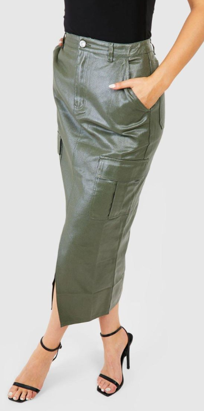 Boohoo Pu Coated Cargo Pocket Denim Midaxi Skirt - khaki