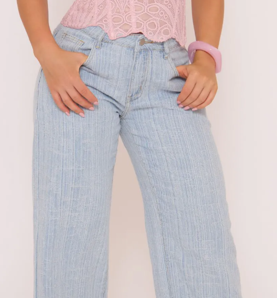Low Rise Wide Leg Jeans In Blue Textured Denim