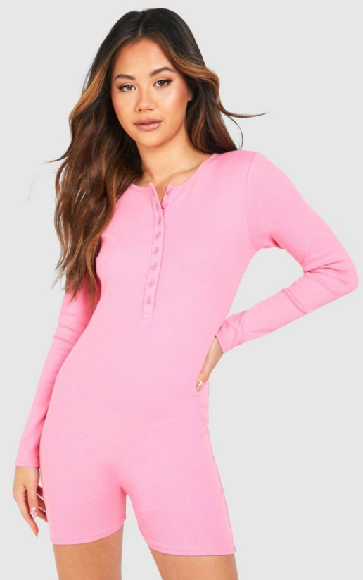 Boohoo Premium Rib Button Front Romper - bubblegum