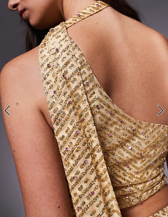 Oh Polly glitter embellished one shoulder scarf neck top in gold - part of a set