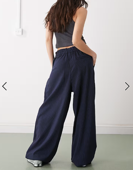 COLLUSION pull on trouser in navy pinstripe