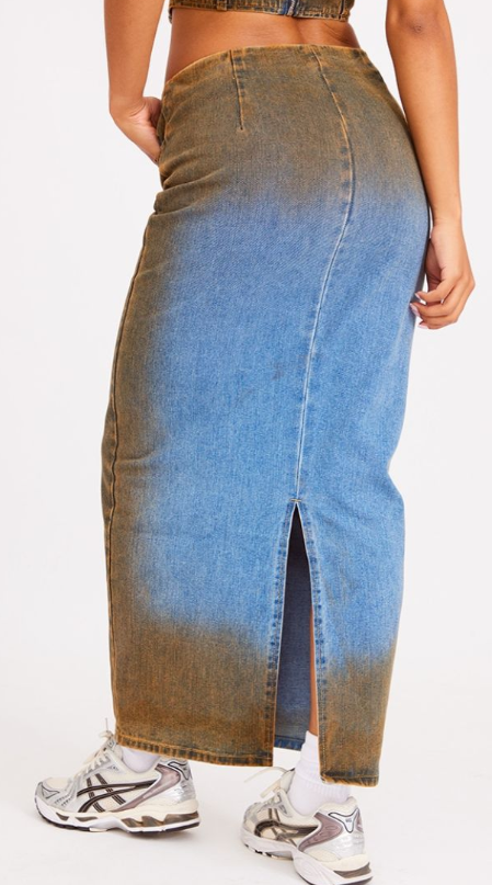 Plt - Indigo Blue Wash Overdyed Denim Midi Skirt