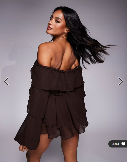 Murci chiffon bardot tiered ruffle mini dress in chocolate
