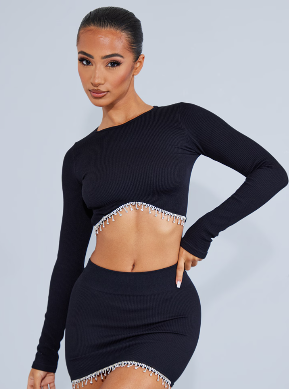 Petite Black Diamante Detail Contour Rib Crop Top