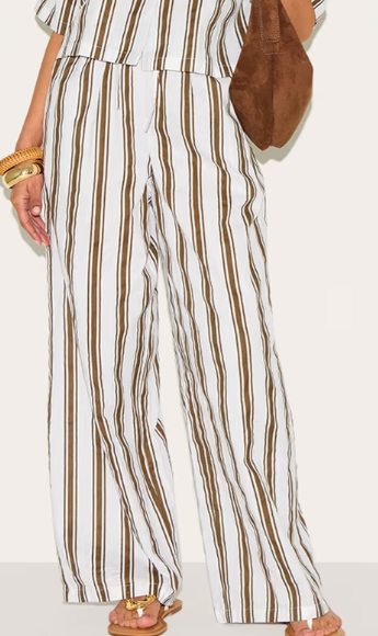 Plt - Petite Beige Linen Look Striped Wide Leg Trousers