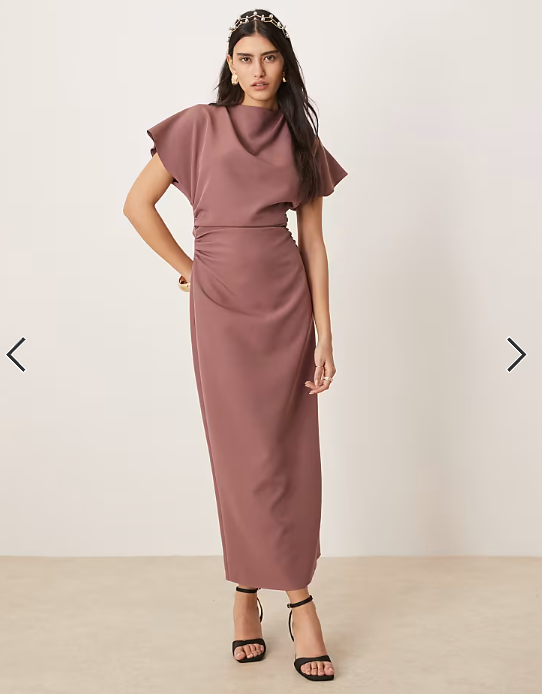 ASOS DESIGN grown on sleeve high neck midi dress with open back detail in rose taupe