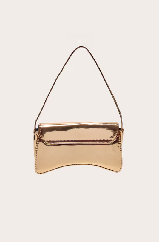 Gold PU Flap Over Baguette Shoulder Bag