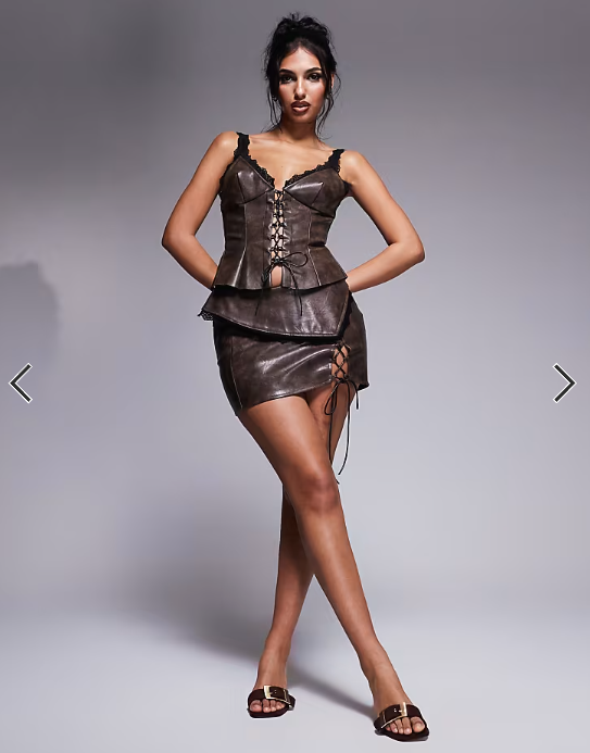 Murci exclusive distressed leather look lace up top co-ord in brown