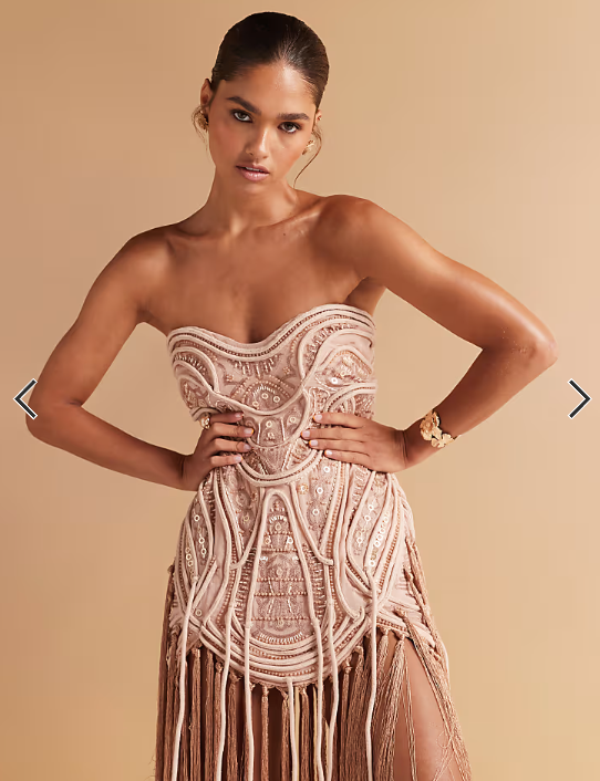 ASOS DESIGN embellished bandeau mini dress with fringing hem in golden bronze