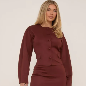 Long Sleeve Button Front Tailored Blazer In Brown